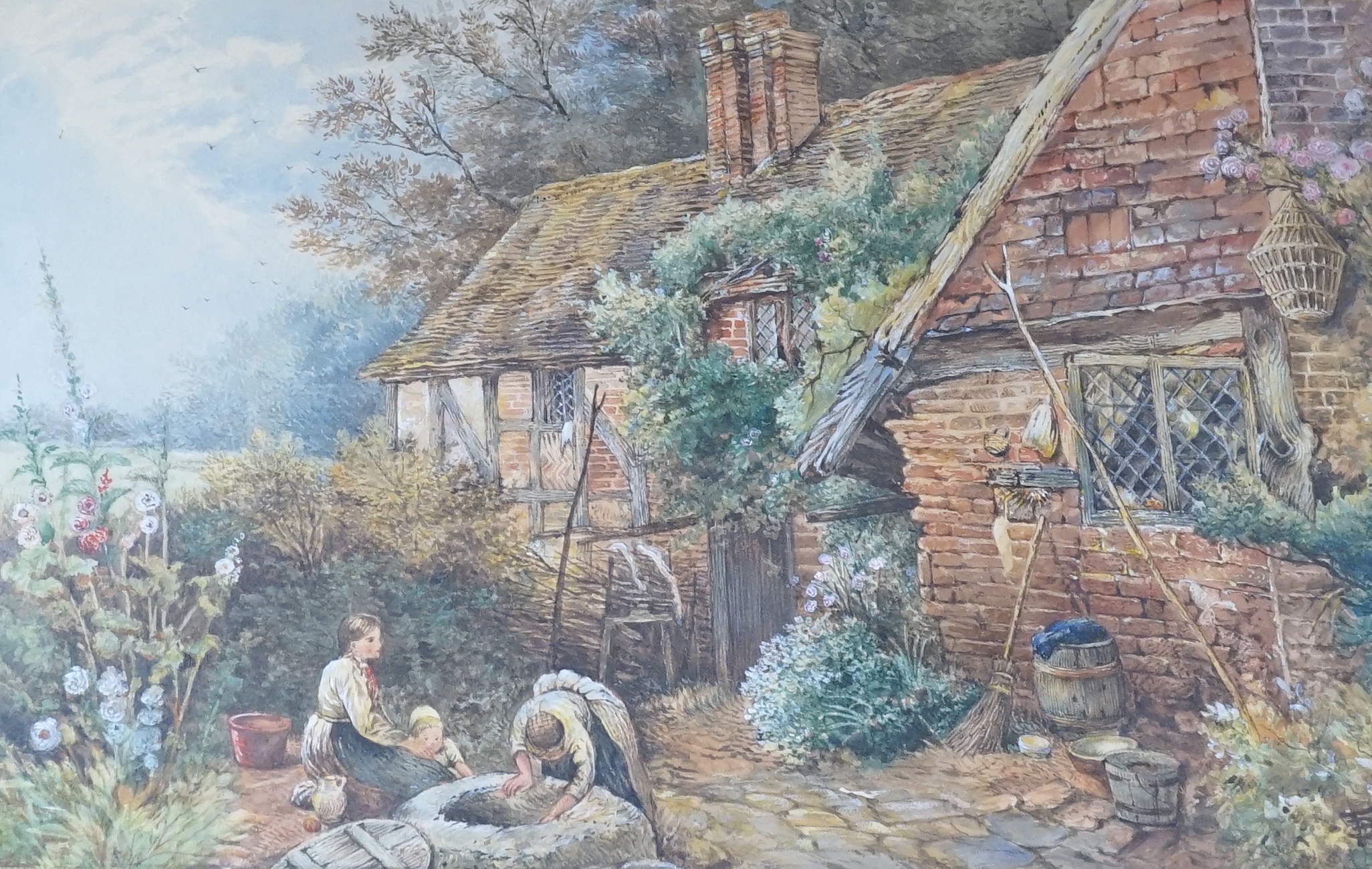 After Myles Birkett Foster (1825-1899), watercolour, Figures beside a cottage, bears monogram, 29 x 44cm